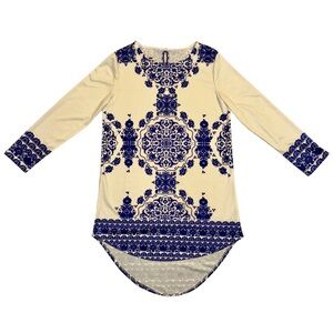 FAVOLOOK WOMENS WHITE AND COBALT BLUE FLORAL PRINT DRESS SIZE L